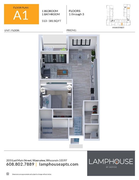 Floor plan for studio, 1 bath, 513 sqft